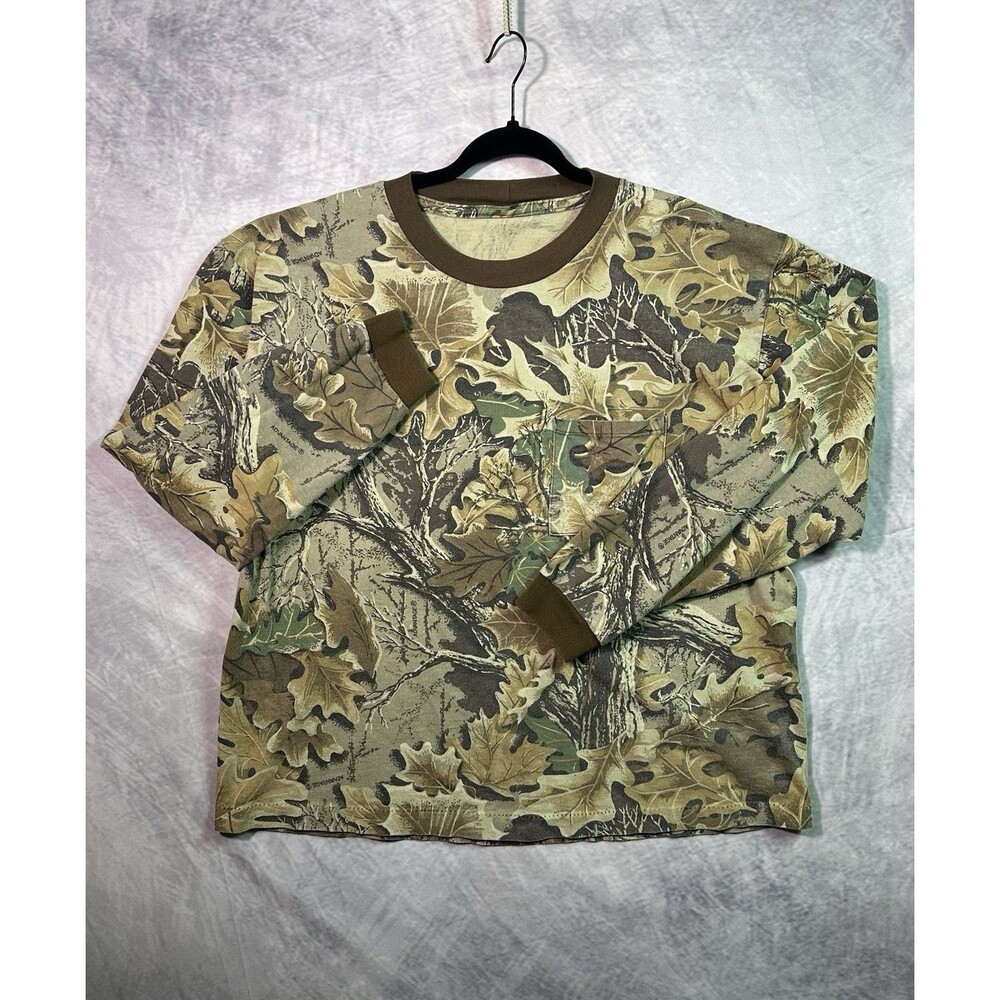 VTG Advantage Hunting Camo Shirt XL Cotton Long Sleeve Woodland USA 90s Ringer T